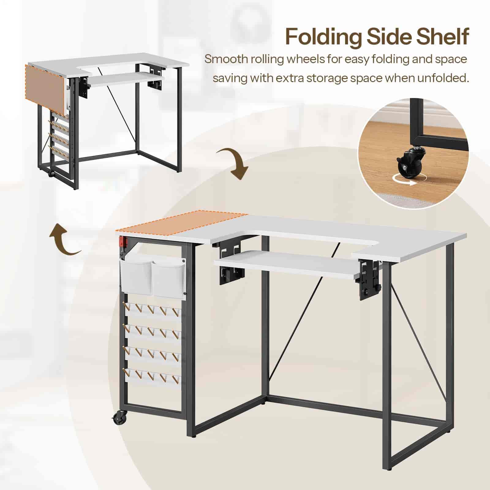 Folding side shelf with smooth rolling wheels for easy folding and additional storage space.