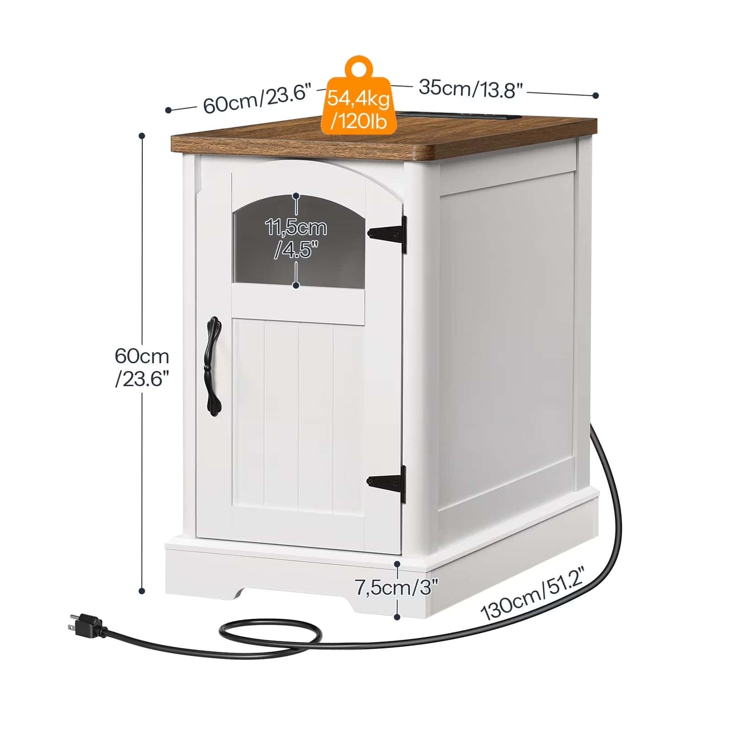 White cabinet with wooden top and dimensions labeled on a white background