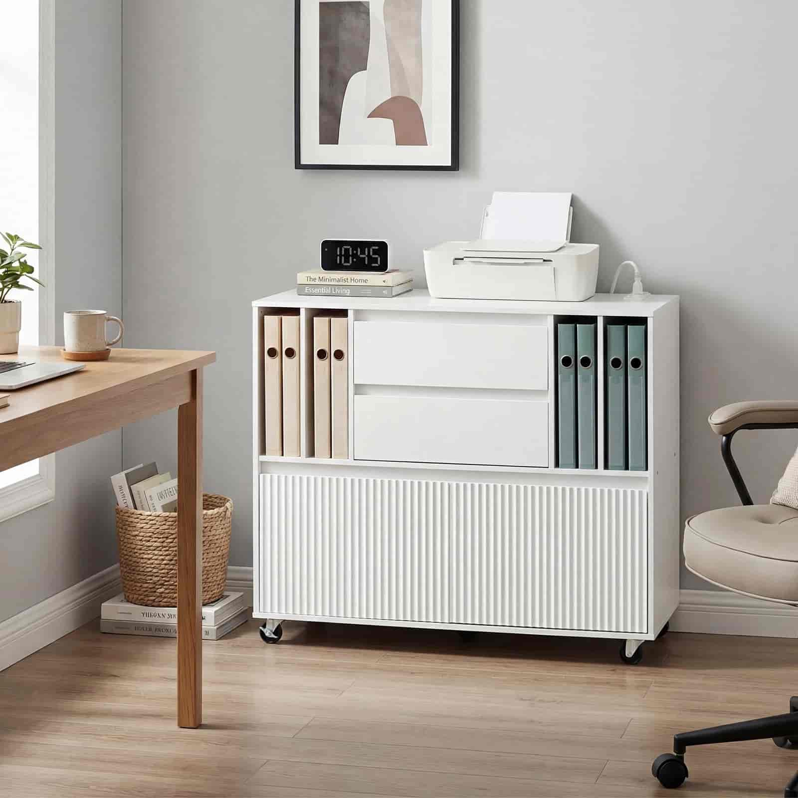 White storage cabinet with books and a printer in a home office setting