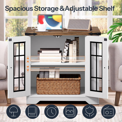 White storage cabinet with open doors displaying books, a laptop, and a basket in a room setting.