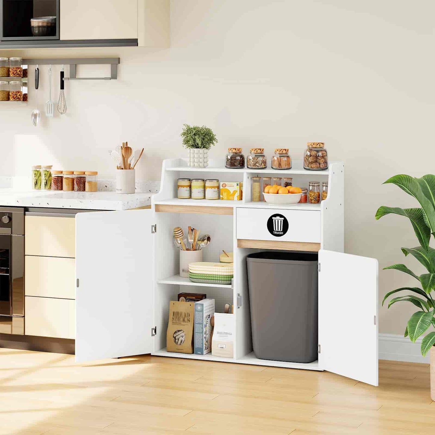 Kitchen storage cabinet with open doors displaying various items in a kitchen setting.
