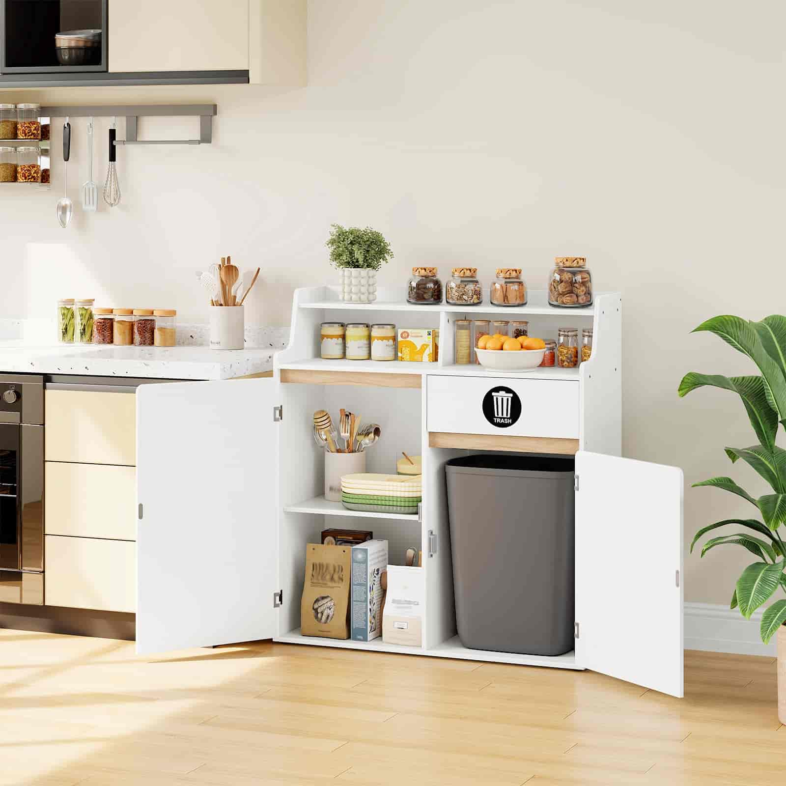 Kitchen storage cabinet with open doors displaying various items in a kitchen setting.