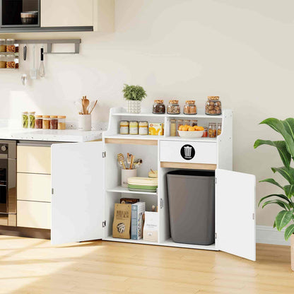 Kitchen storage cabinet with open doors displaying various items in a kitchen setting.