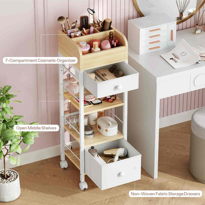 Cosmetic organizer with multiple compartments and drawers in a room setting.