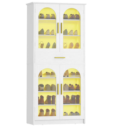 White shoe cabinet with yellow doors displaying shoes on a white background