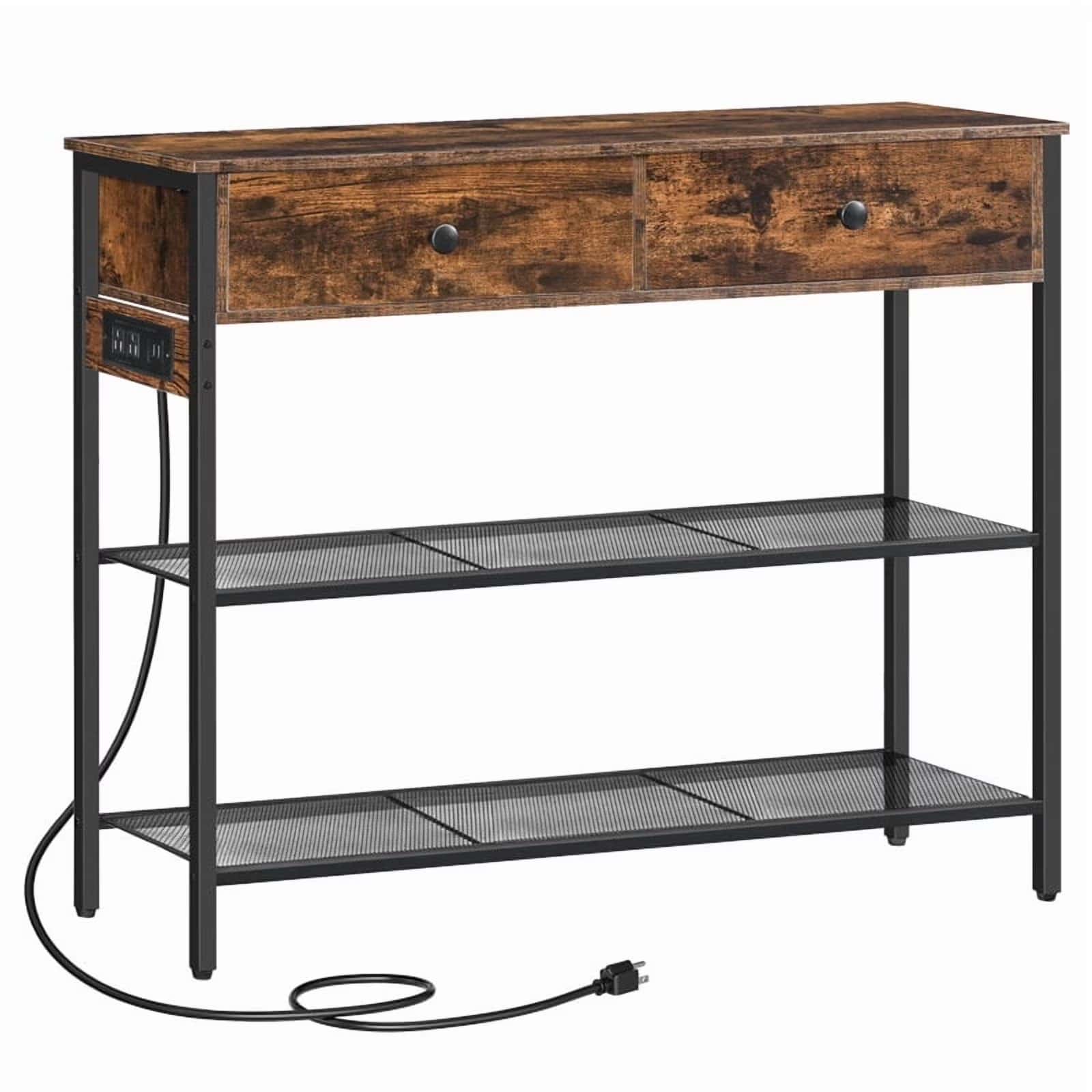 Wooden console table with metal mesh shelves on a white background
