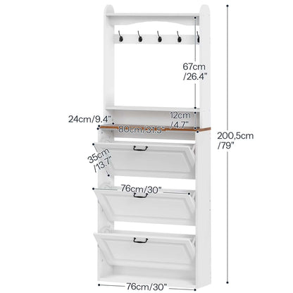 White wall-mounted storage unit with dimensions labeled on a white background