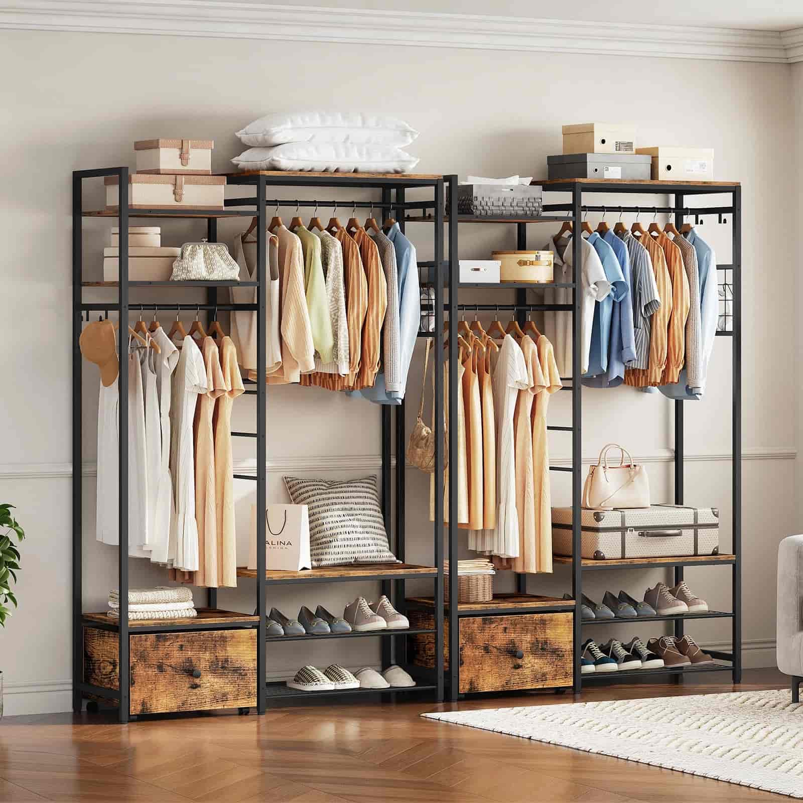 Clothing rack with clothes, shoes, and bags in a room setting