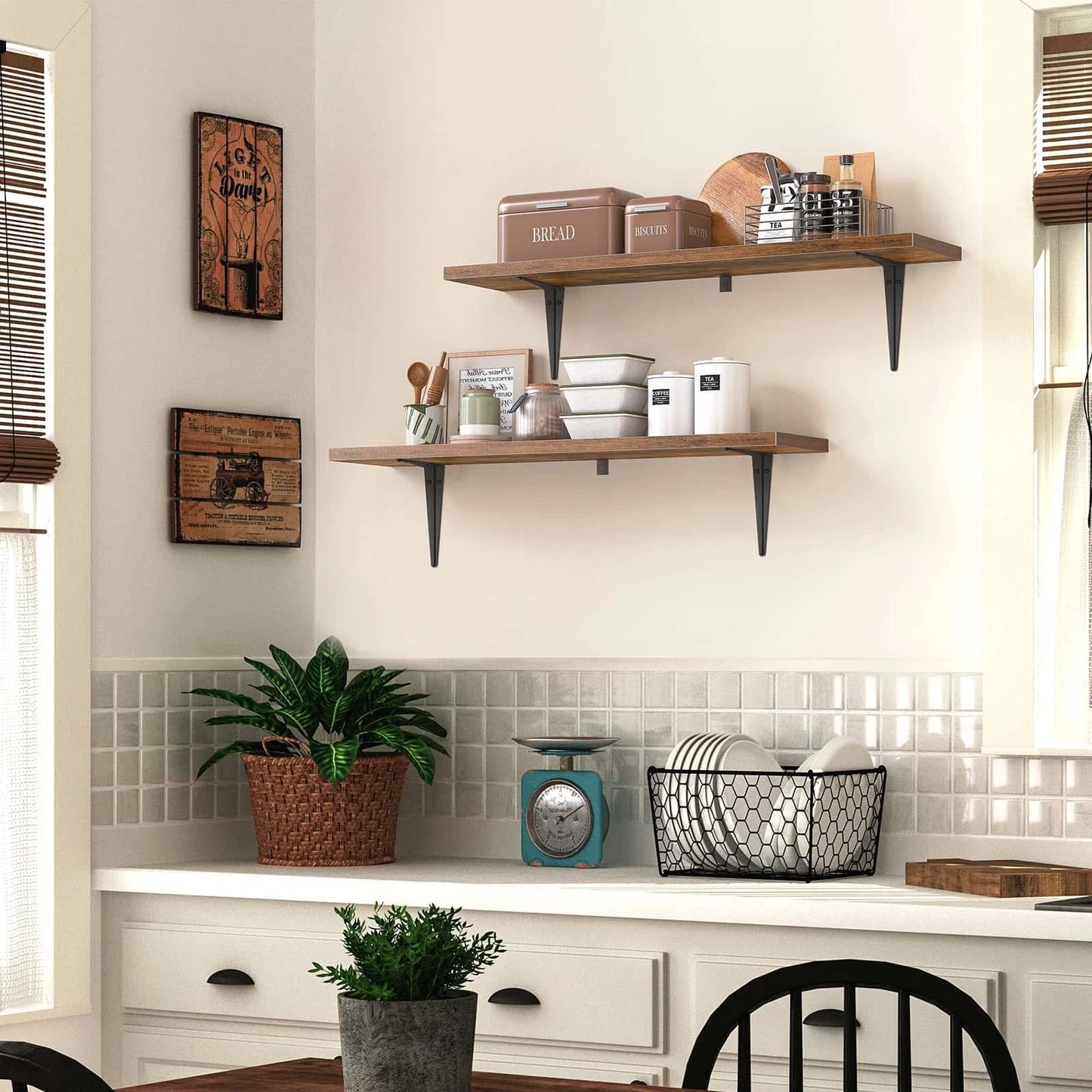 Kitchen interior with wooden shelves, plants, and decor items.