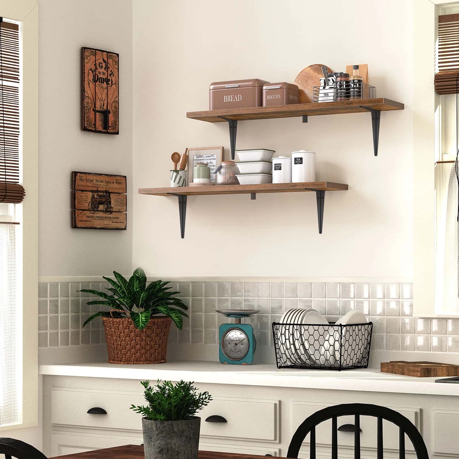 Kitchen interior with wooden shelves, plants, and decor items.