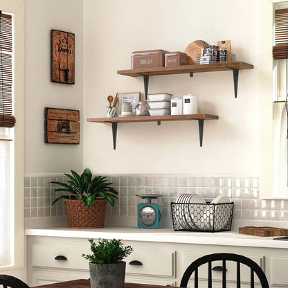 Kitchen interior with wooden shelves, plants, and decor items.