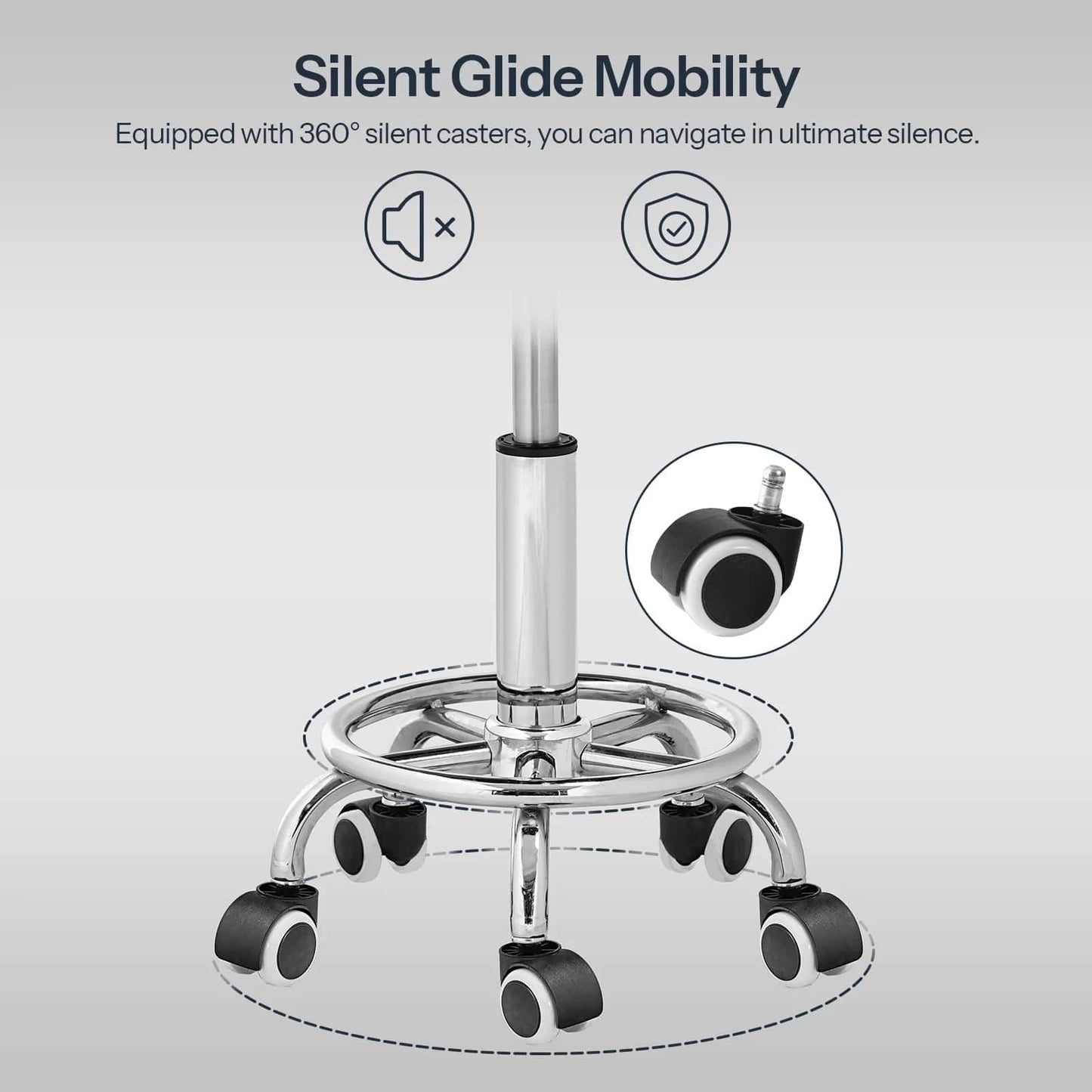 Silent glide mobility feature with 360-degree silent casters on a white background