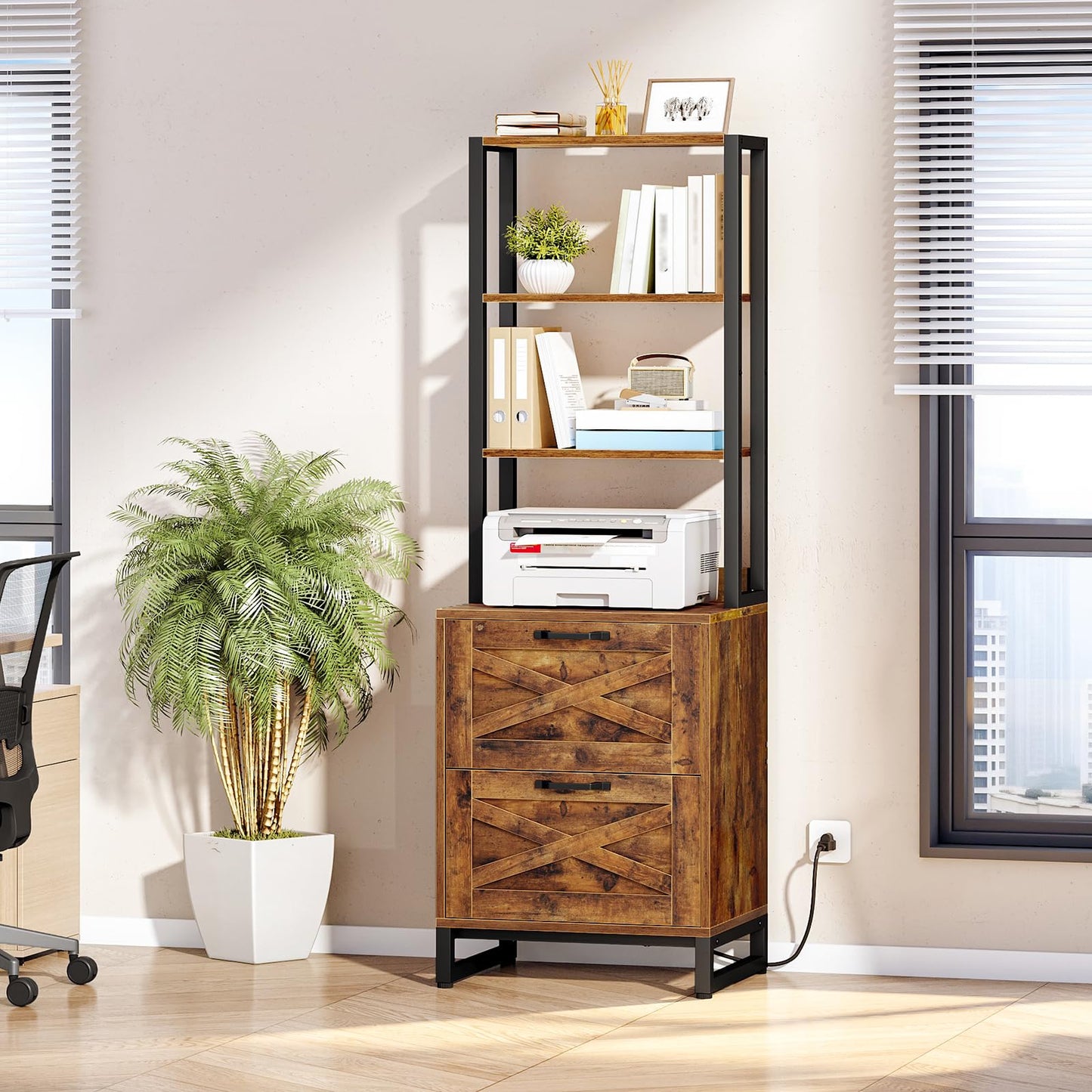 Tall wooden bookshelf with printer and decor items in a room with a plant and window blinds.