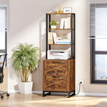 Tall wooden bookshelf with printer and decor items in a room with a plant and window blinds.