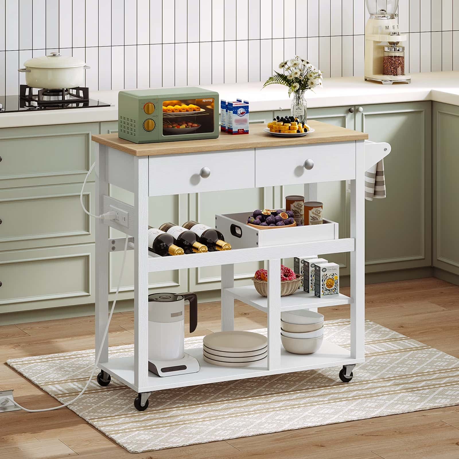 White kitchen cart with wooden top in a kitchen setting