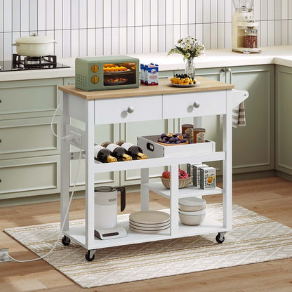 White kitchen cart with wooden top in a kitchen setting