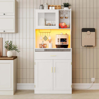 White kitchen cabinet with glass doors and a coffee maker inside, against a tiled wall.