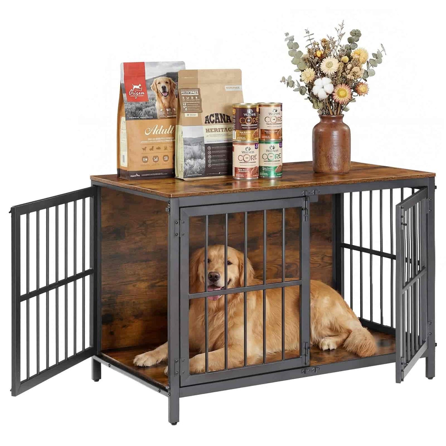 Dog crate with wooden top holding pet food and a vase of flowers on a white background