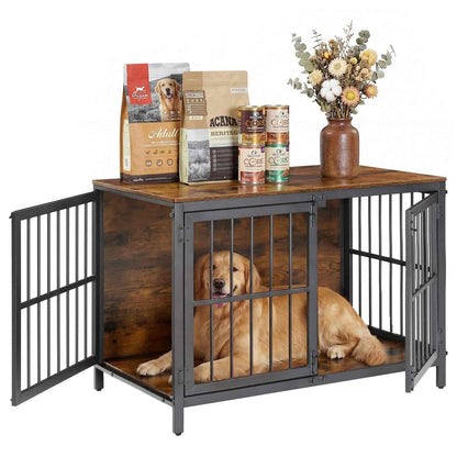 Dog crate with wooden top holding pet food and a vase of flowers on a white background