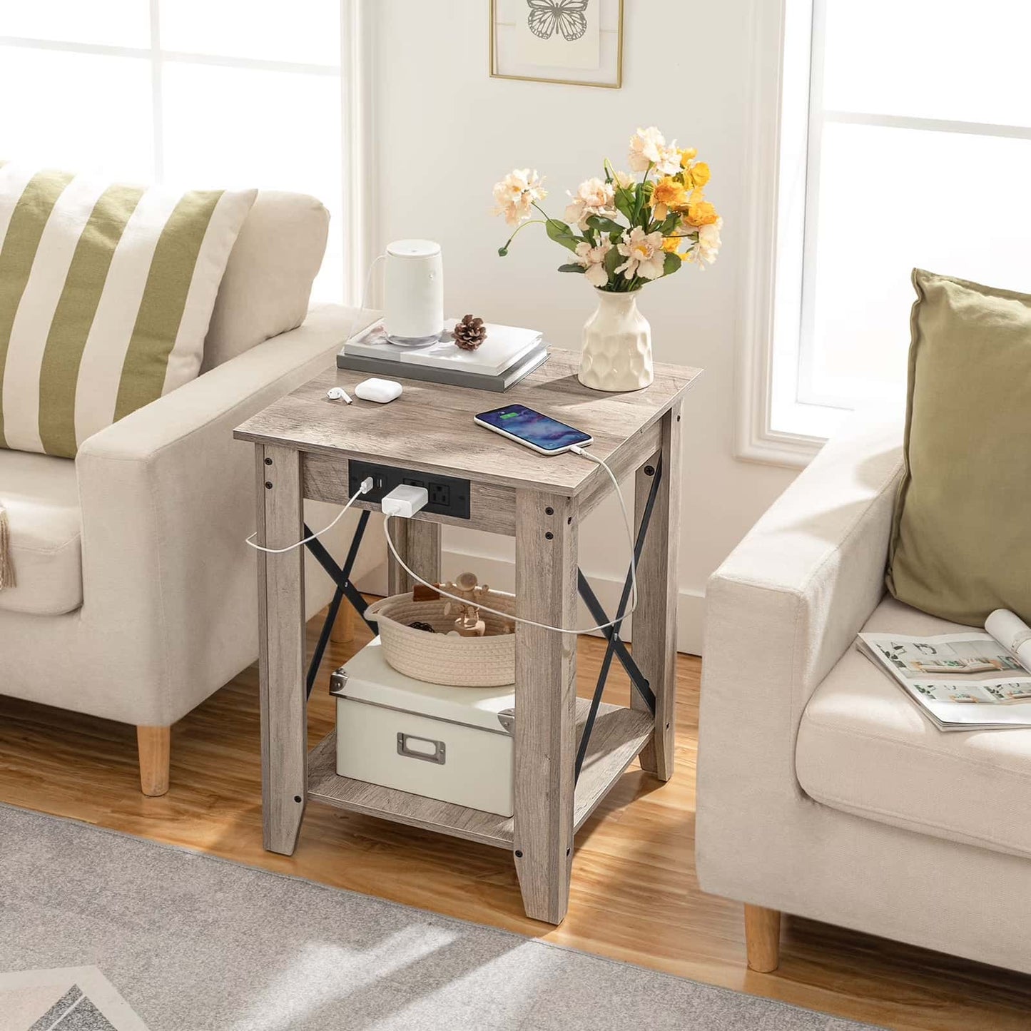 End table with power outlets in a living room setting