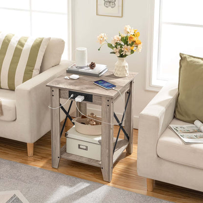 End table with power outlets in a living room setting