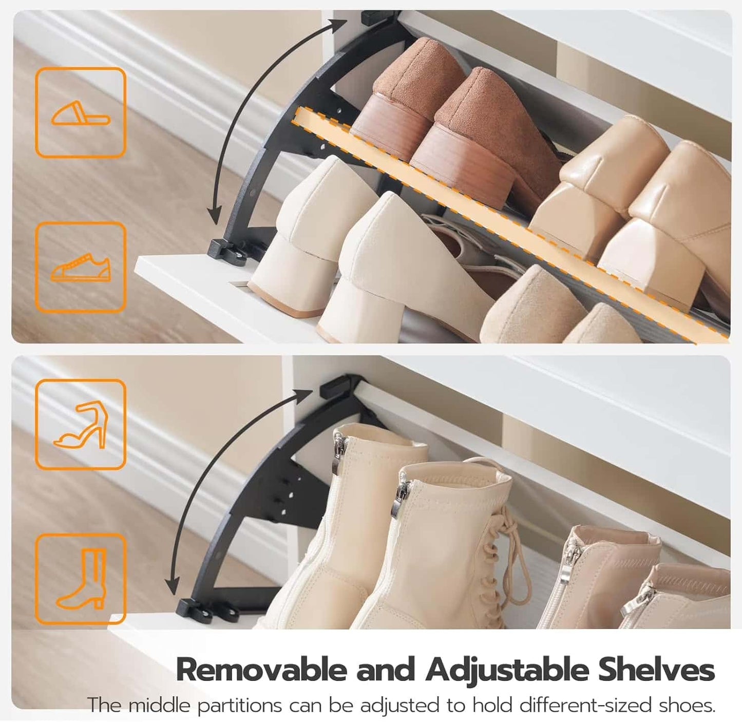 Shoe rack with removable and adjustable shelves holding various shoes.