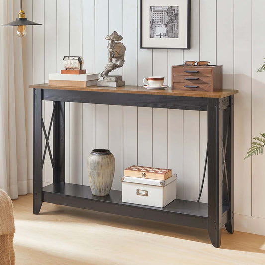 Console table with decorative items against a wooden paneled wall.