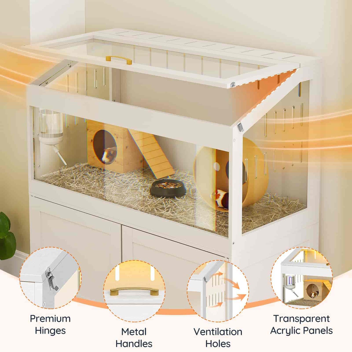 Pet cage with transparent acrylic panels, metal handles, and ventilation holes on a white background.