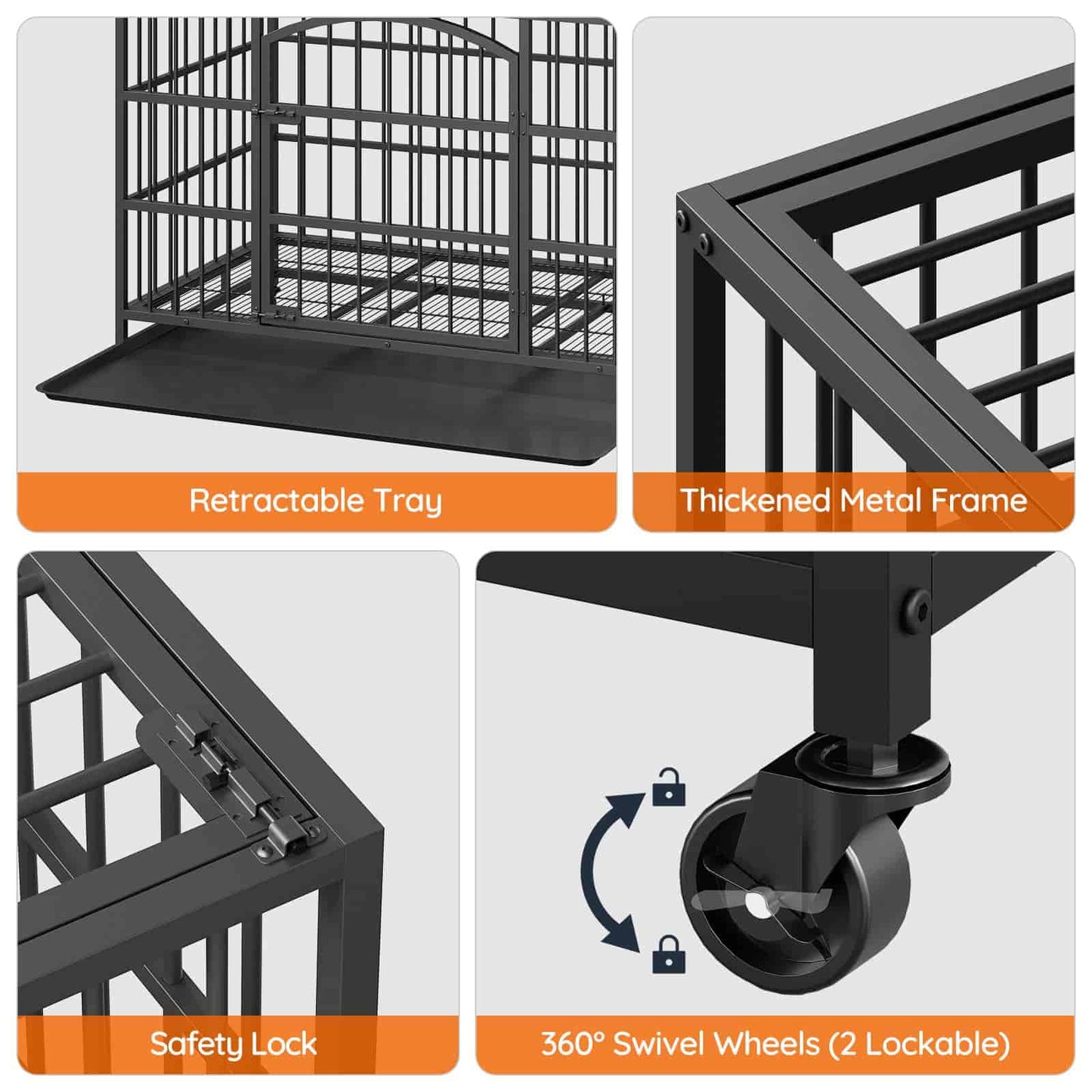 Collage of features including a retractable tray, thick metal frame, safety lock, and swivel wheels on a pet cage.