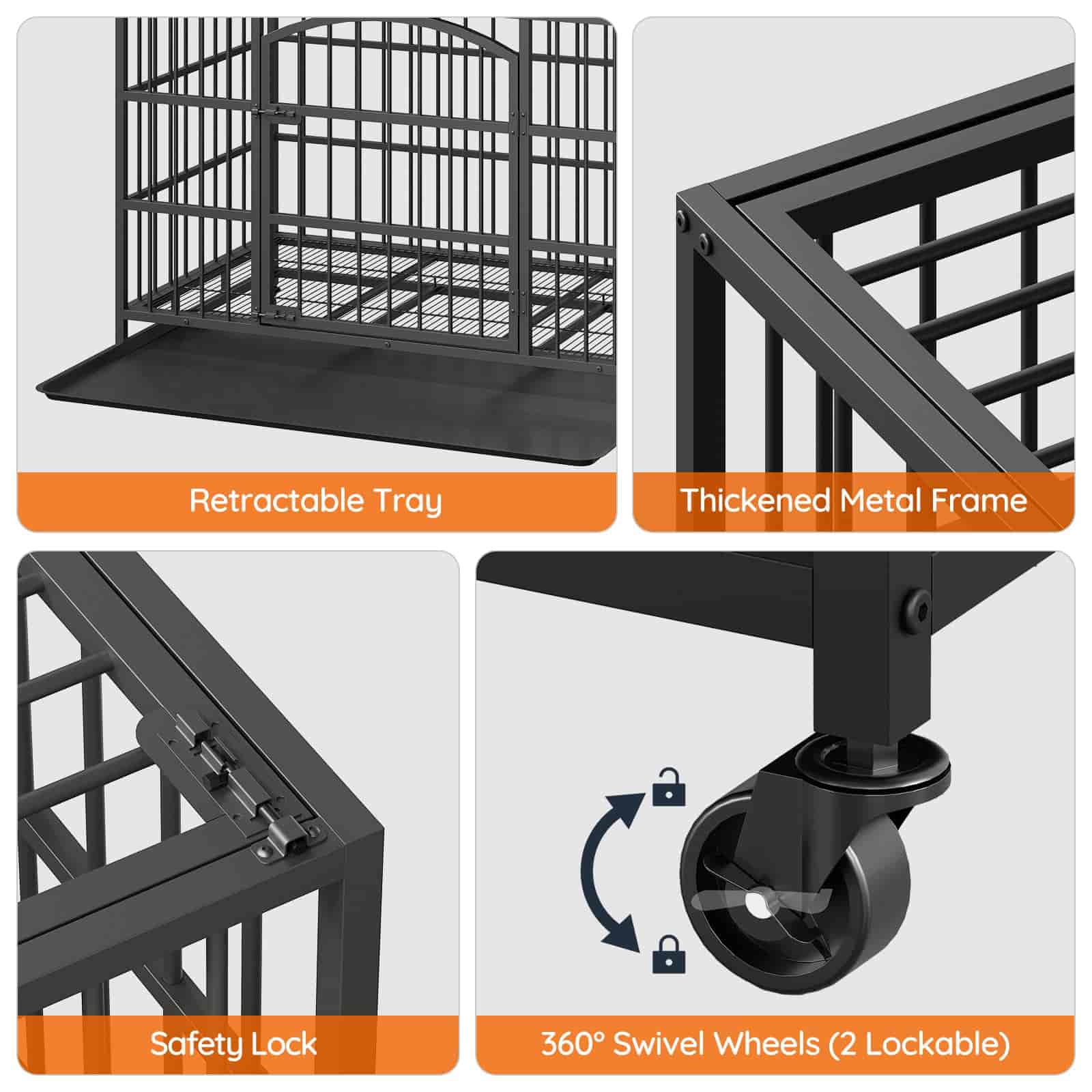 Collage of features including a retractable tray, thick metal frame, safety lock, and swivel wheels on a pet cage.