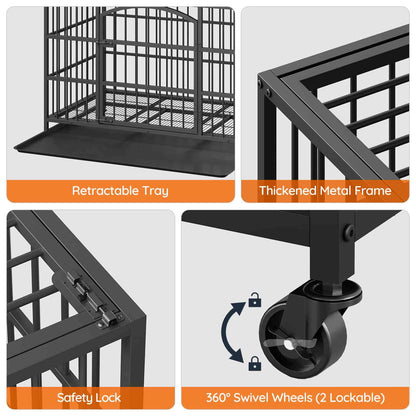 Collage of features including a retractable tray, thick metal frame, safety lock, and swivel wheels on a pet cage.