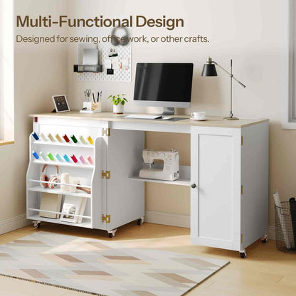 White multi-functional desk with sewing machine and office supplies in a home office setting.