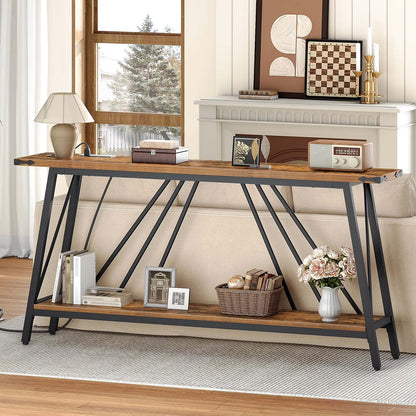 Wooden console table with black metal legs in a living room setting.