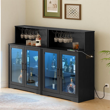 Black bar cabinet with glass doors displaying bottles and glasses in a room setting.
