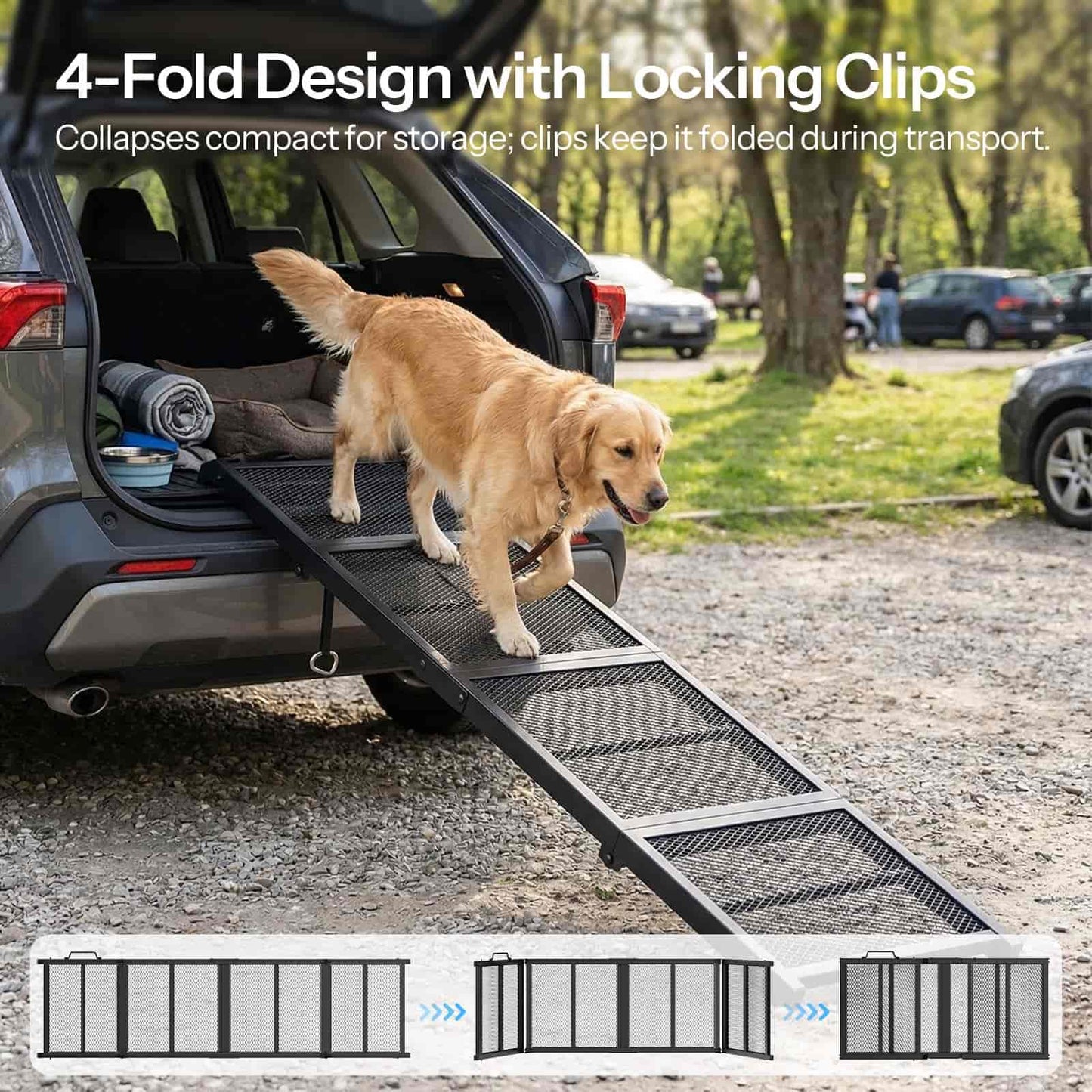 Dog using a folding ramp attached to a car with text about its design and features.