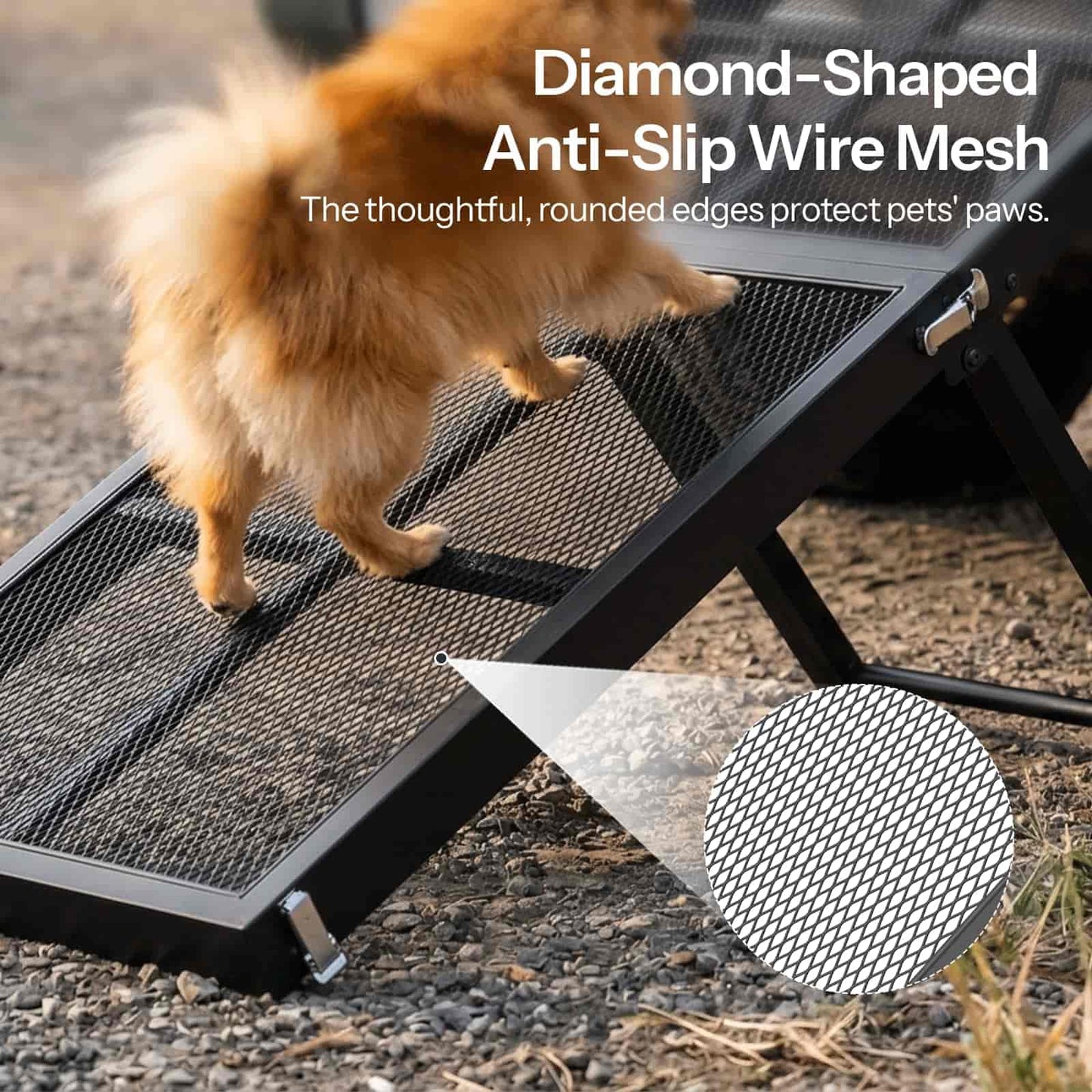 Dog stepping onto a black pet ramp with diamond-shaped anti-slip wire mesh, outdoors.