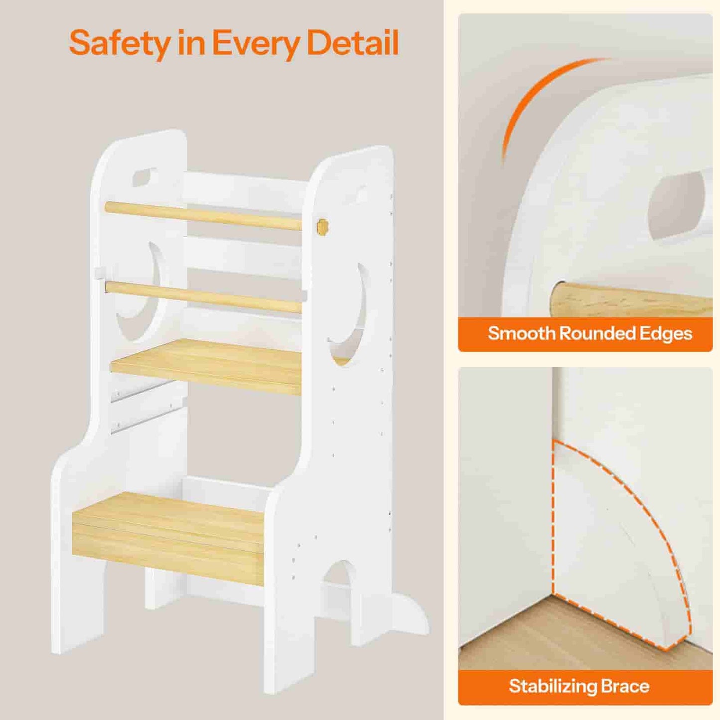 Children's step stool with wooden steps and white frame, emphasizing safety features.