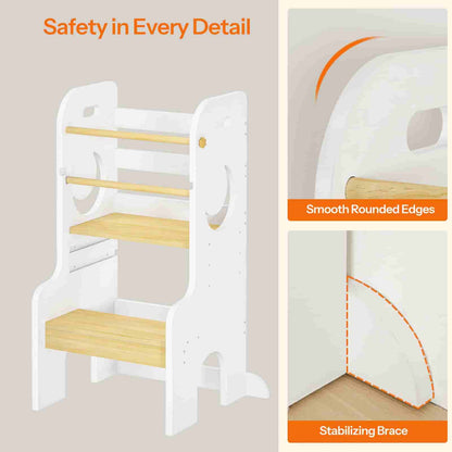 Children's step stool with wooden steps and white frame, emphasizing safety features.