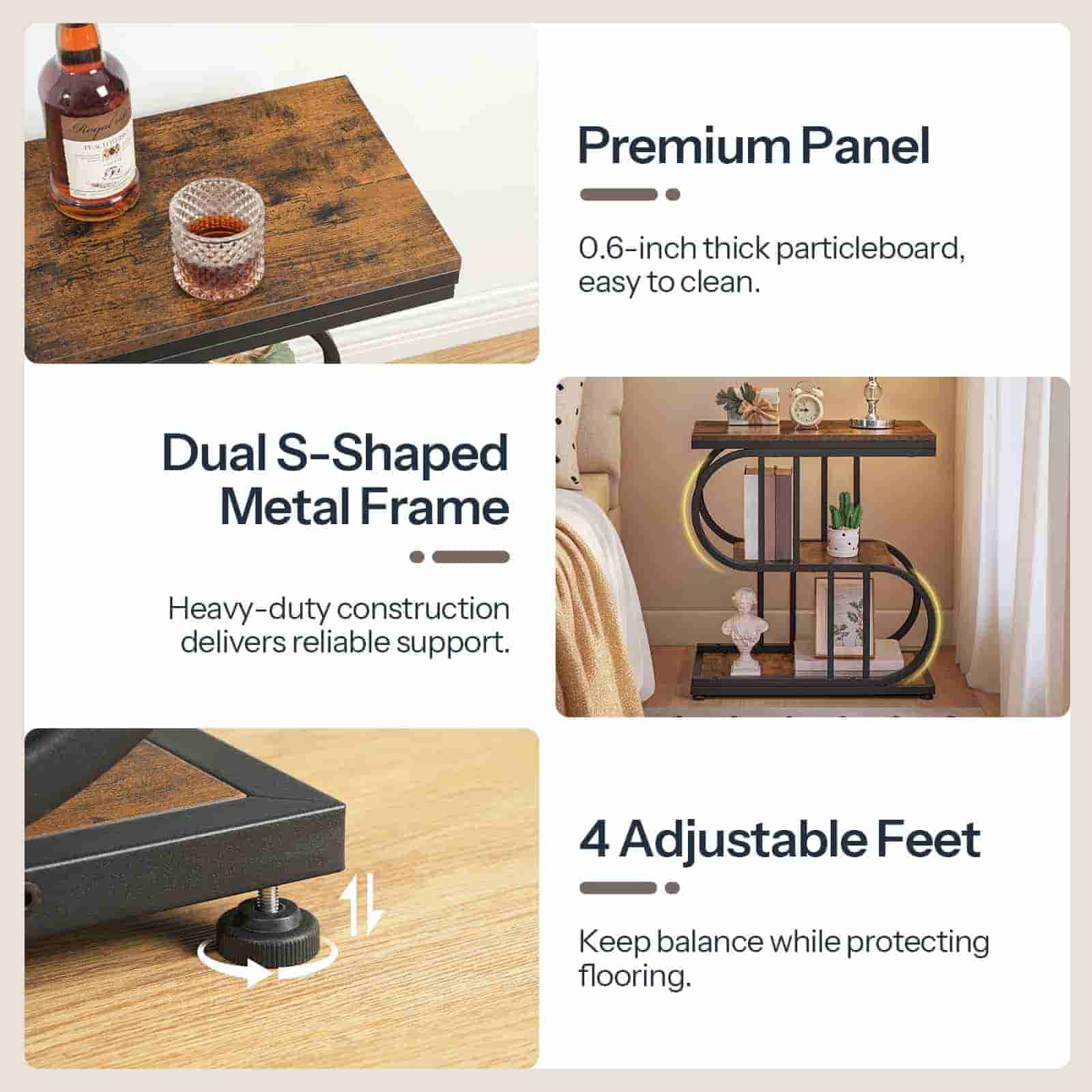 Product features of a shelf with text on construction and design elements.