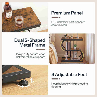 Product features of a shelf with text on construction and design elements.