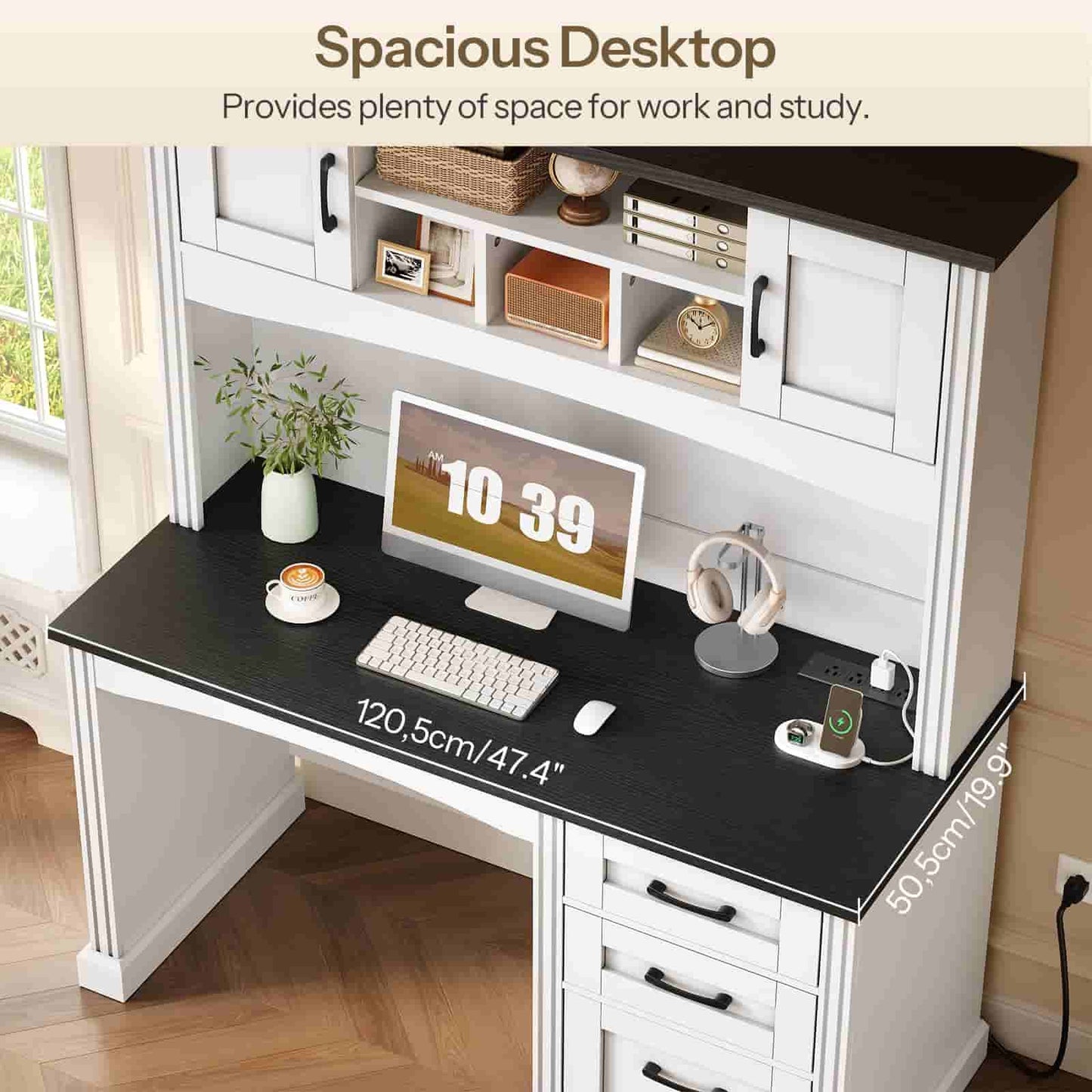 Black desk with white cabinet, computer setup, and measurements.