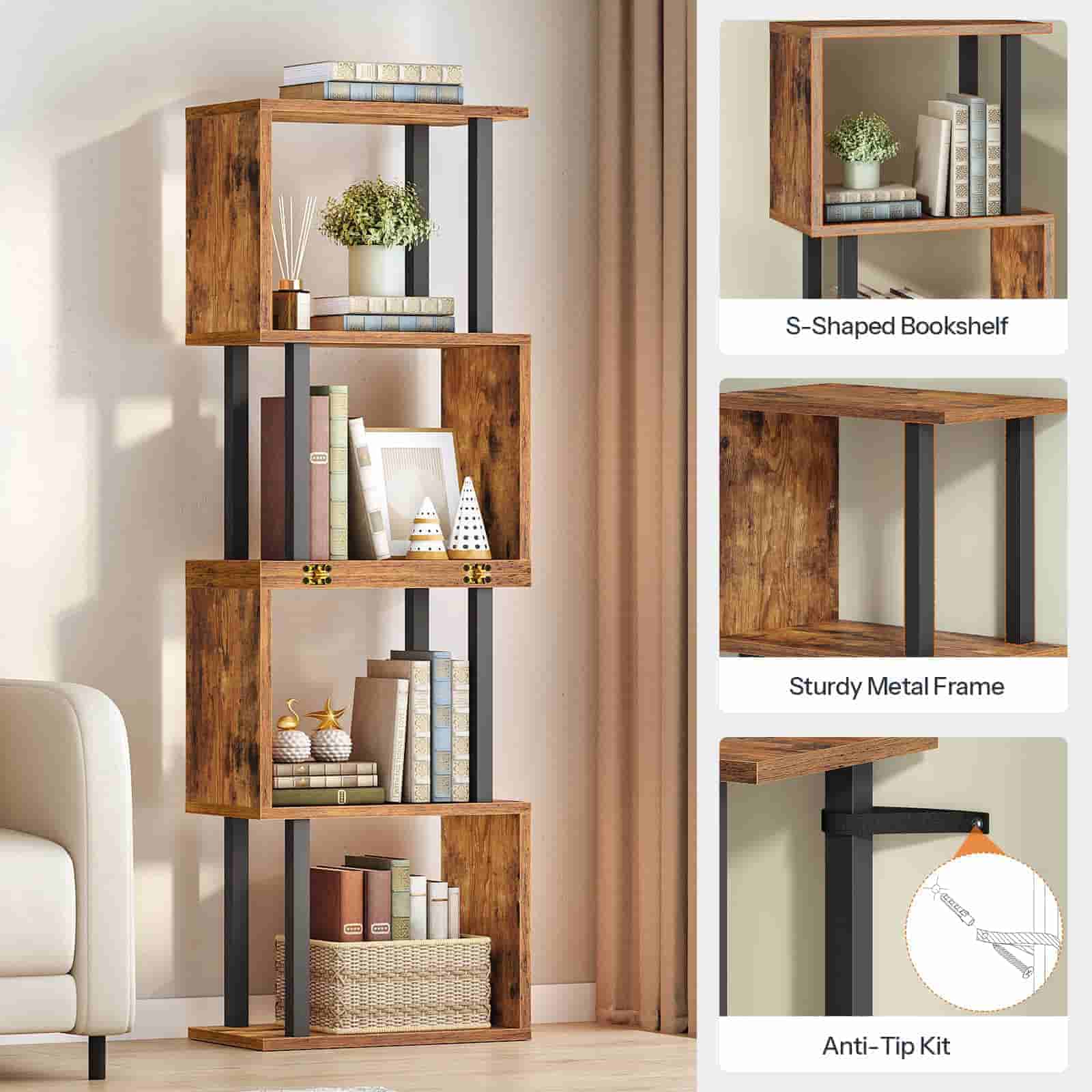 Wooden bookshelf with metal frame in a room setting