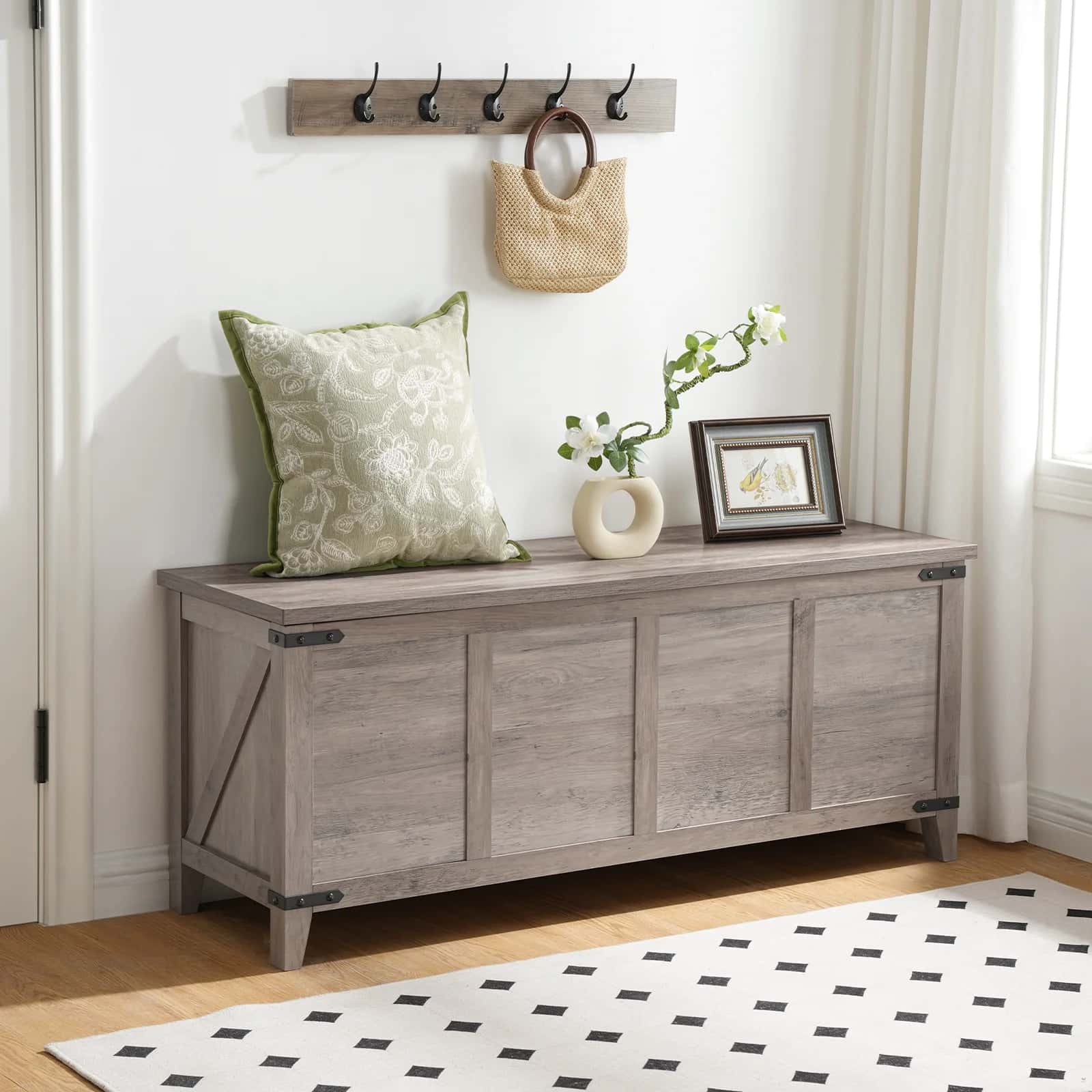 Wooden bench with decorative items in a room setting