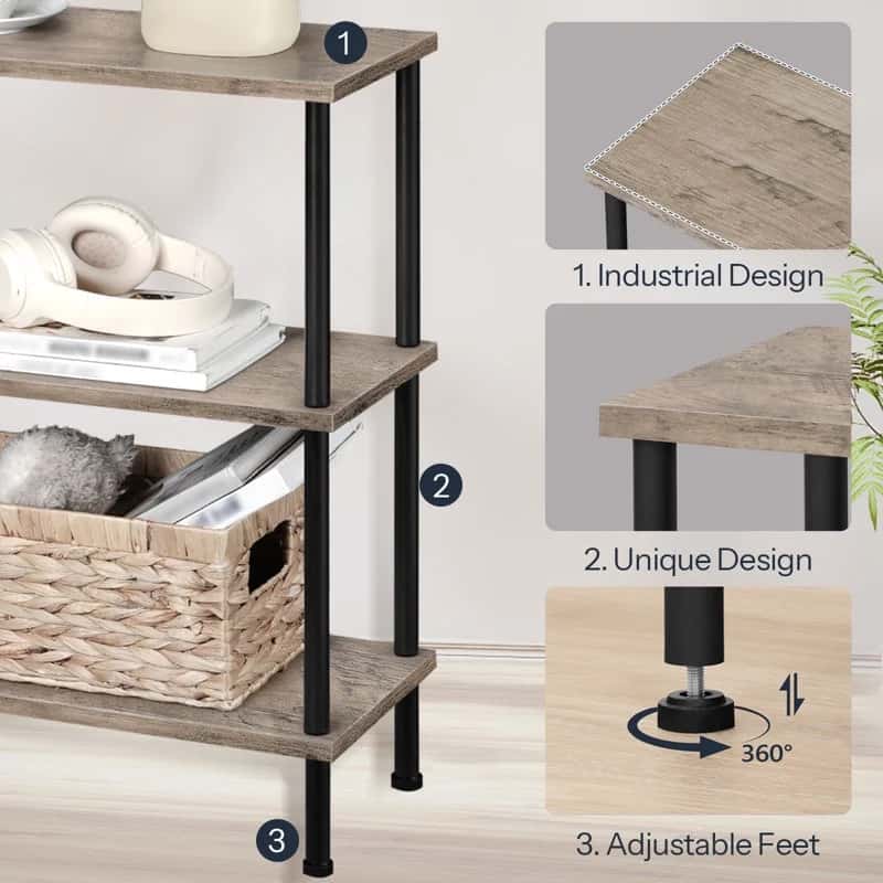 Three-tiered wooden shelf with metal legs, storage basket, and decorative items, shown with close-up details on design and features.