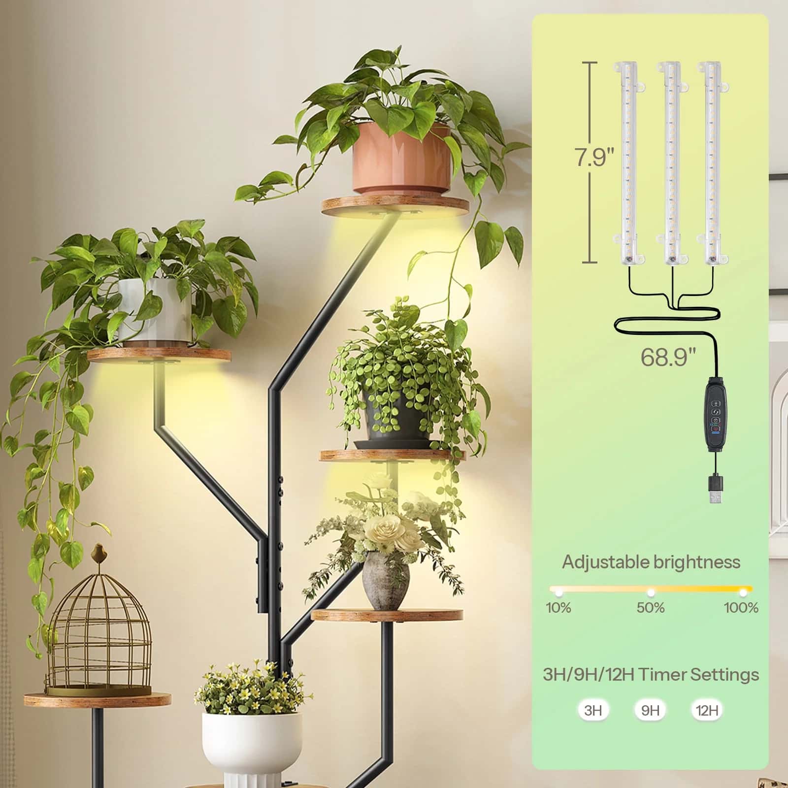 Indoor plant stand with multiple shelves and plants, accompanied by a green panel with product details.