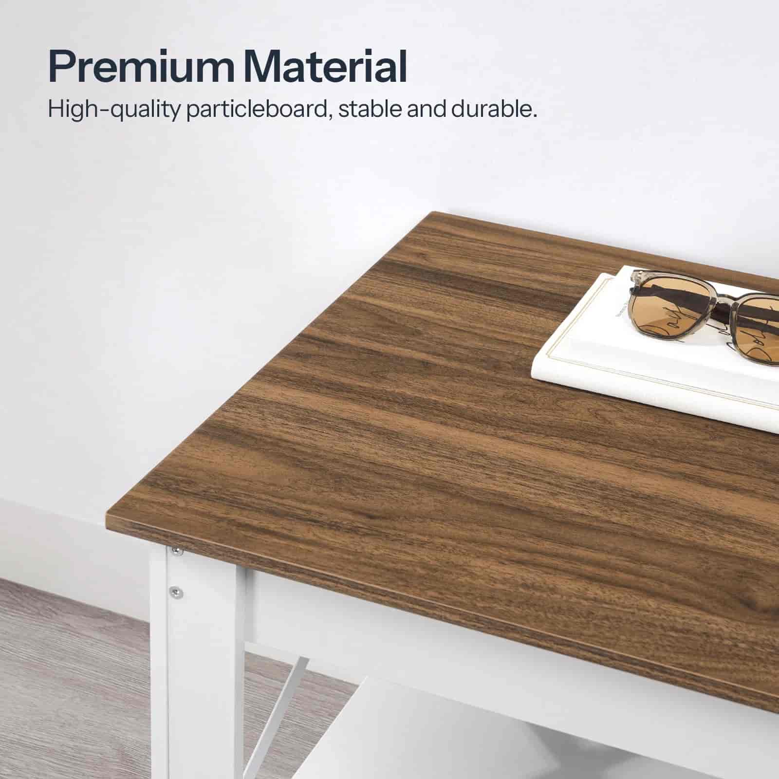 Wooden desk with sunglasses on a white surface, text 'Premium Material' and 'High-quality particleboard, stable and durable'.