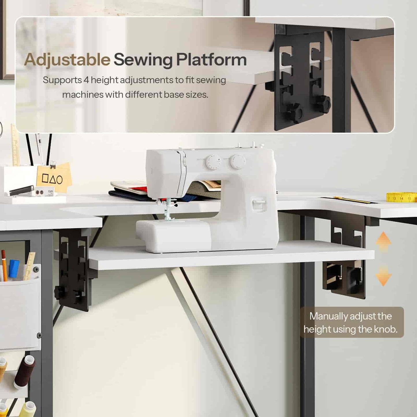 Sewing machine on an adjustable sewing platform with text explaining height adjustments.