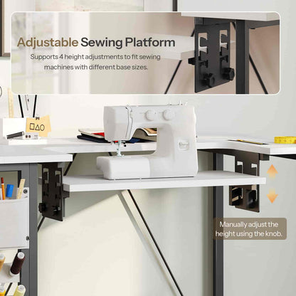 Sewing machine on an adjustable sewing platform with text explaining height adjustments.