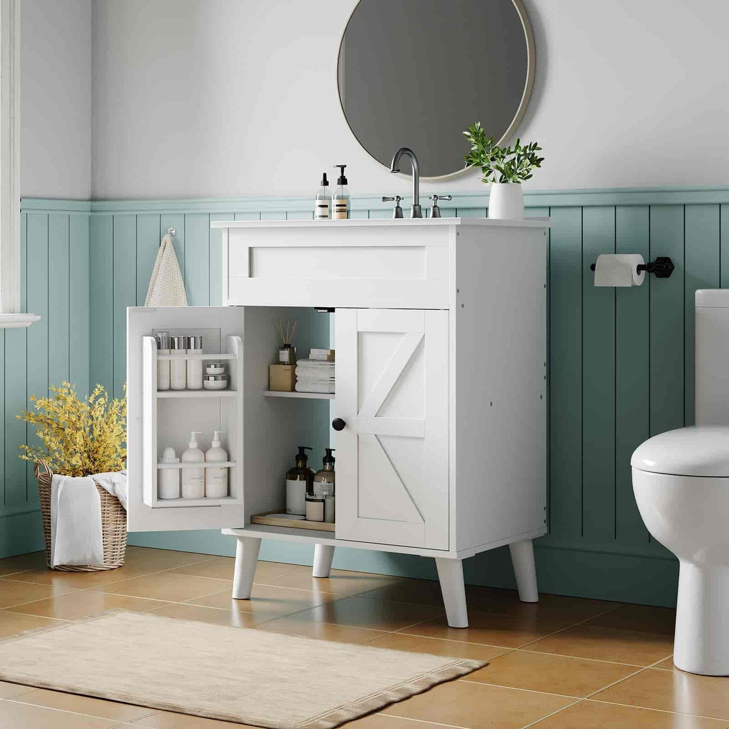 Bathroom with white vanity cabinet, mirror, and toilet against a light blue wall.