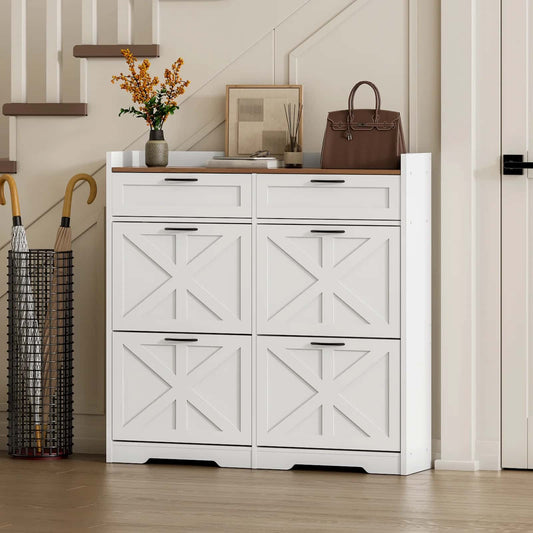 White shoe cabinet with wooden top in a room setting